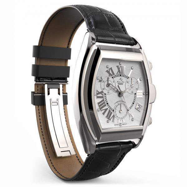 Monarch Chronograph Diamond Black Leather White Mother Of Pearl Dial-174