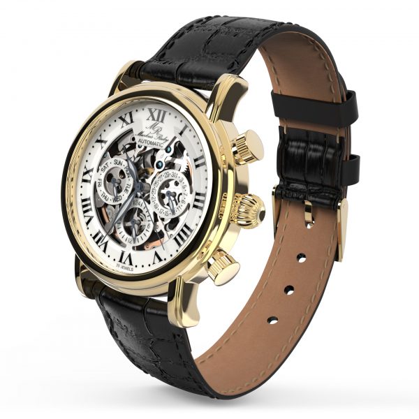 Skeleton Automatic Black Leather White Dial Gold Edition-240