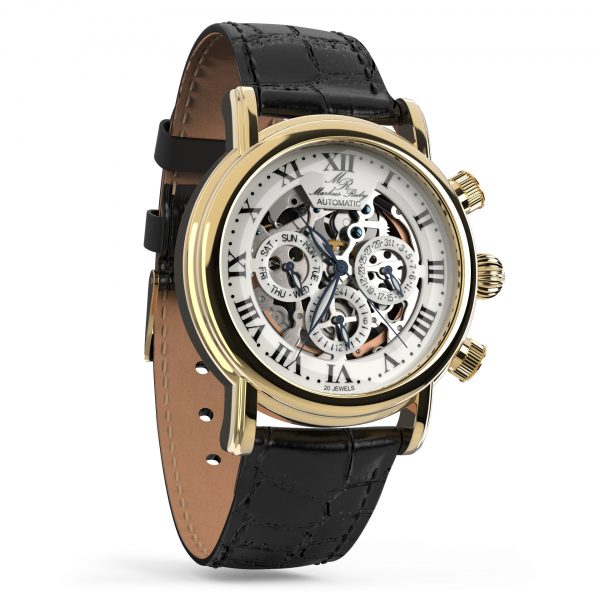 Skeleton Automatic Black Leather White Dial Gold Edition-244