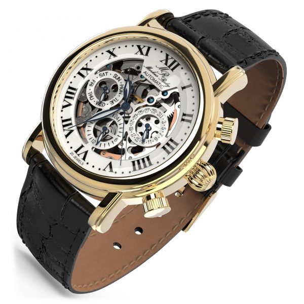 Skeleton Automatic Black Leather White Dial Gold Edition-243