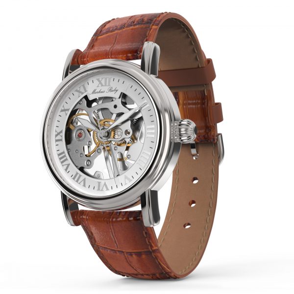 Skeleton Mechanical Brown Leather White Dial-266